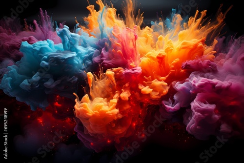 A burst of vibrant liquid colors exploding like fireworks in a night sky