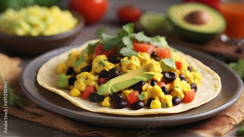 Mexican Breakfast Tacos: Fill soft corn tortillas with scrambled eggs, black beans, diced tomatoes, avocado slices, and a dash of hot sauce, background image, generative AI