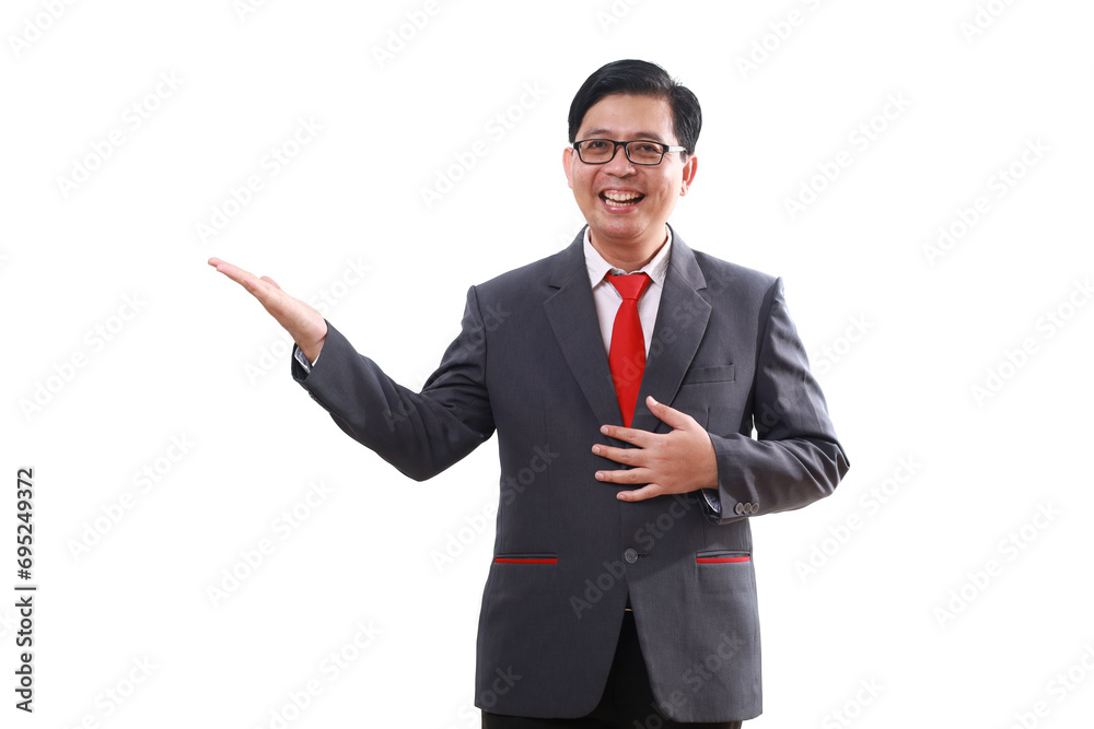 Happy asian businessman standing while presenting sideways. Isolated on white Happy asian businessman standing while presenting sideways. Isolated on white