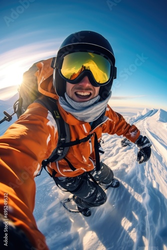 A man wearing an orange jacket and goggles standing on top of a snow covered mountain. This picture can be used to depict winter sports or outdoor adventure activities