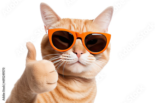 Orange Cat with Sunglasses Giving Thumbs Up on Transparent Background photo