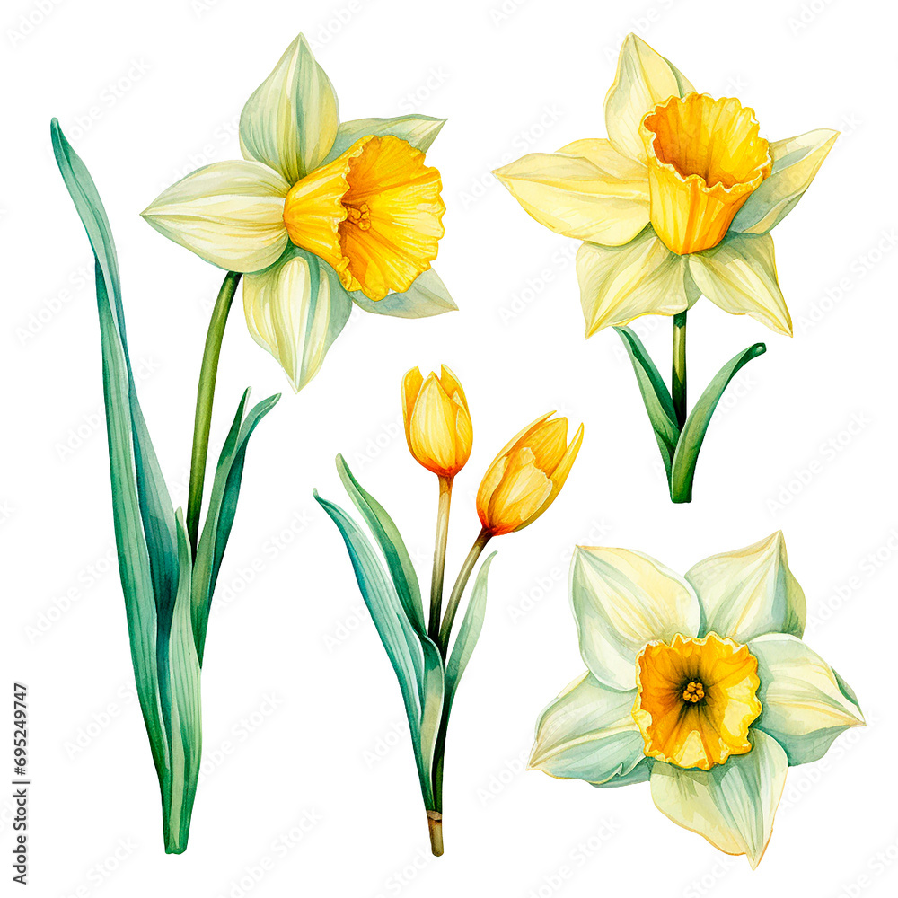 watercolor drawing of narcissus flowers. set of yellow spring narcissus flowers, clipart	