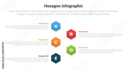 hexagon or hexagonal honeycombs shape infographics template diagram with vertical direction with 5 point step creative design for slide presentation
