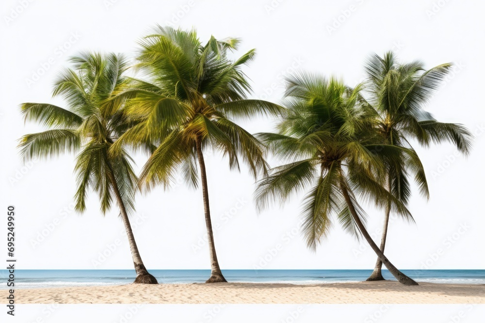 Palm trees standing tall on a sandy beach near the sparkling ocean. Perfect for tropical vacation and beach-themed designs