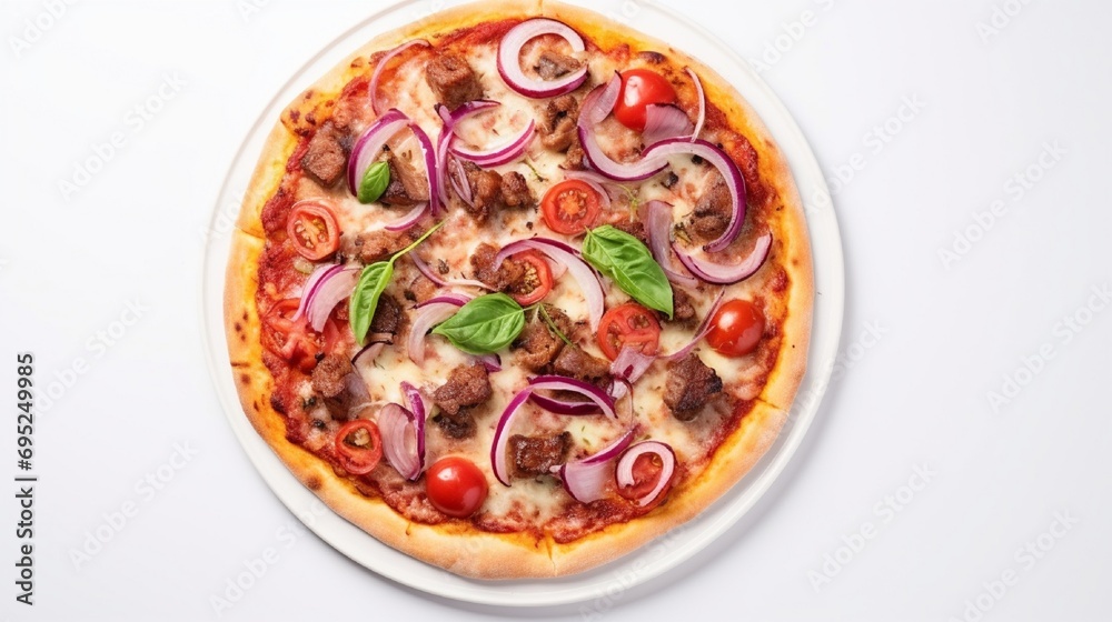 Pizza with sausages and red onion on a white background. Top view.Very high quality photo. Pizza with sausages and red onion on a white background. Top view.Very high quality photo.