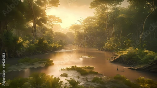 Tropical jungle landscape with Amazon jungle river at sunset. Created with Generative AI.	

