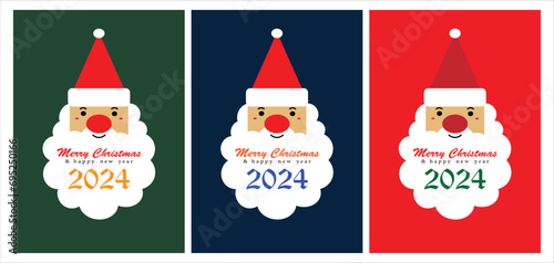 Merry Christmas and Happy New Year 2024 greeting cards with three different color combinations; cartoon Santa Claus; flat design cartoon illustration