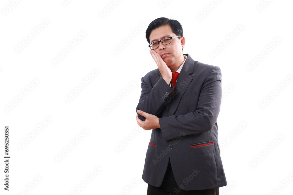 Tired sad asian businessman standing while thinking something. Isolated on white Tired sad asian businessman standing while thinking something. Isolated on white