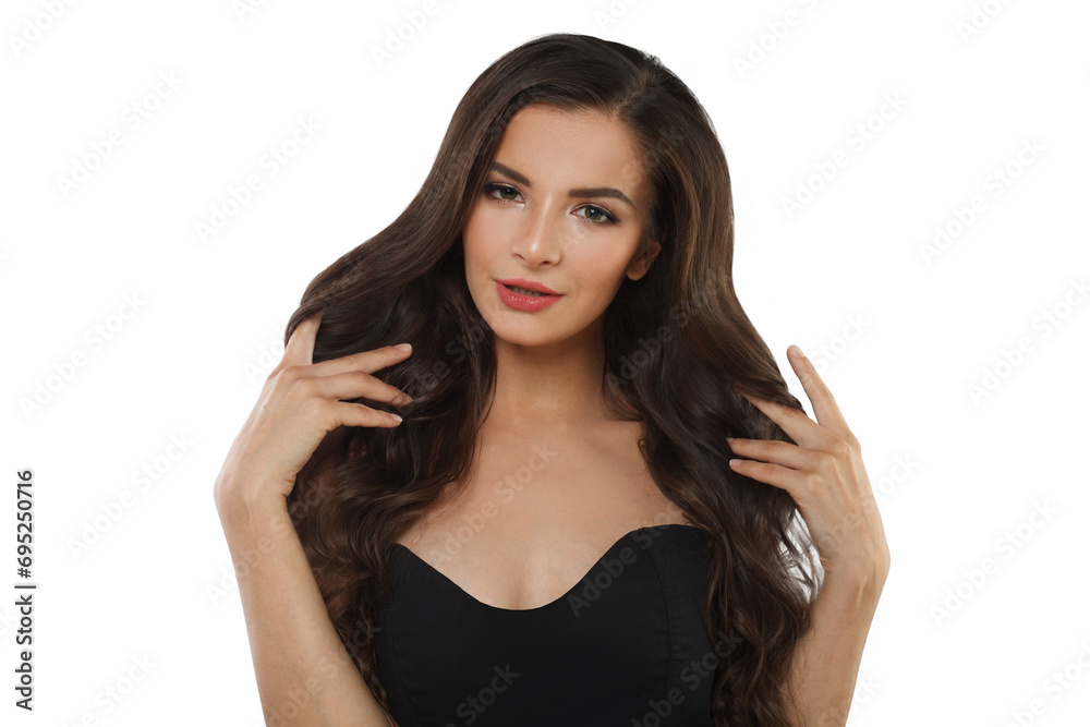 Glamorous young brunette model woman with long healthy hair, clear fresh skin and makeup on white background Glamorous young brunette model woman with long healthy hair, clear fresh skin and makeup on white background