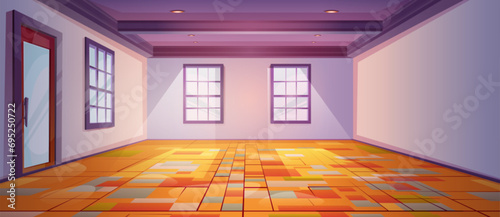 Empty room interior design. Vector cartoon illustration of spacious premises with daylight in glass windows, closed door, wooden floor decorated with abstract pattern, lamp on ceiling, roomy apartment