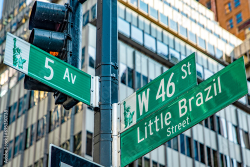 The sign at the intersection of Fifth Avenue and Little Brazil Street, located in the heart of Manhattan, in the heart of the Big Apple in New York City, USA. © Lifes_Sunday