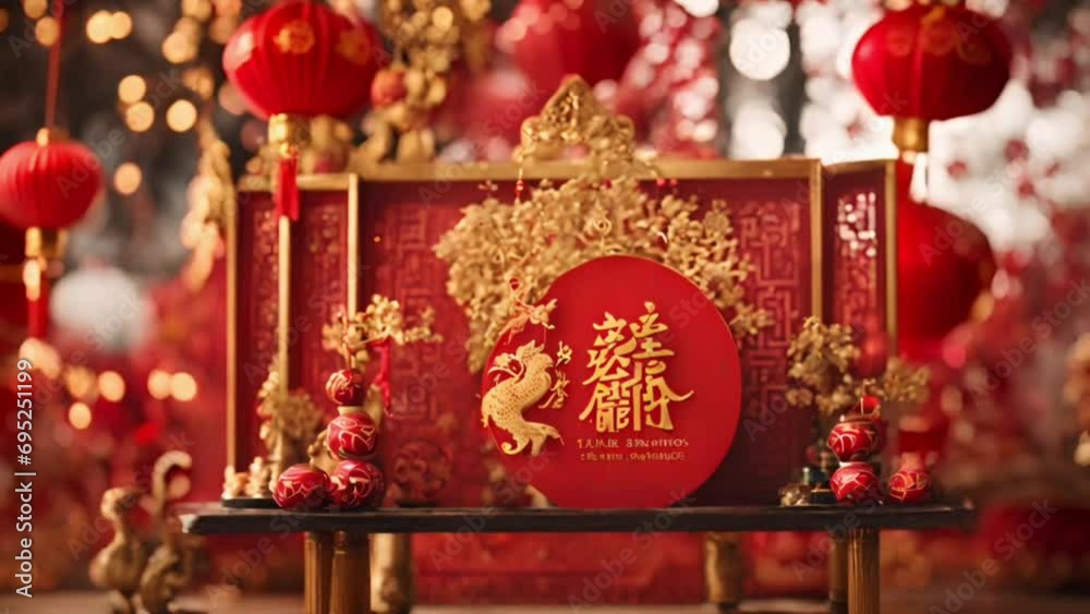 chinese new year decoration with lantern, flying cherry blossom and dragon symbol.