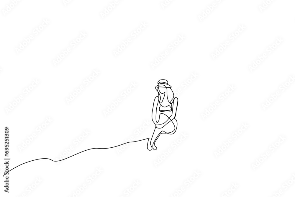 young woman lady sea holiday bikini sitting relax one line art design young woman lady sea holiday bikini sitting relax one line art design