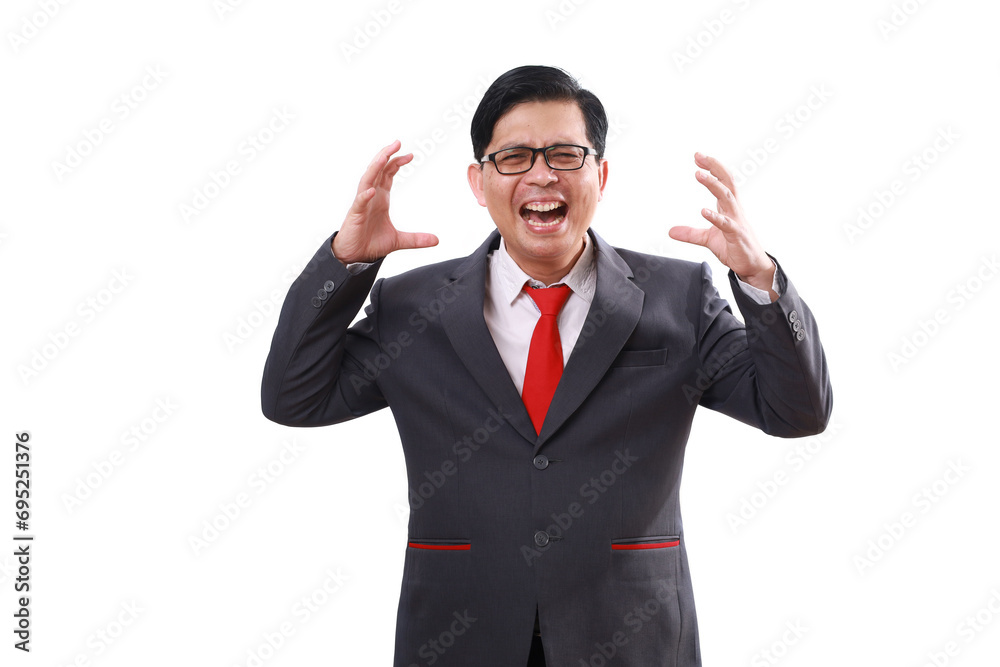 Stressed asian businessman standing while screaming. Isolated on white Stressed asian businessman standing while screaming. Isolated on white