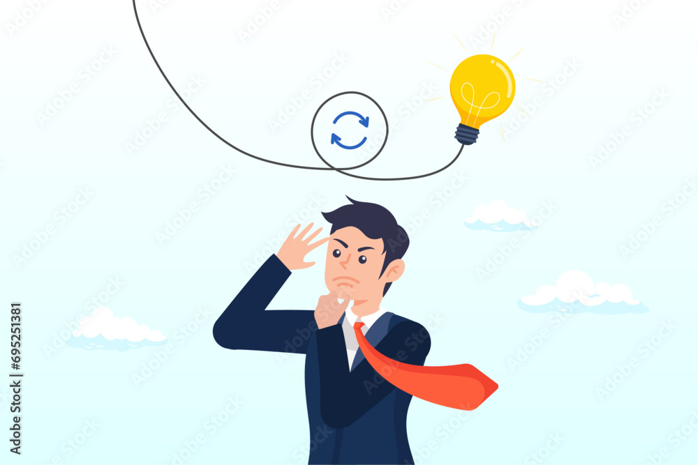 Smart businessman rethink with light bulb idea, rethink or think again to make change for better result, thinking new way to solve problem or make decisions, innovation idea to disruption (Vector)