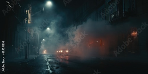 A city street at night covered in fog, illuminated by street lights. Perfect for urban or mysterious-themed projects