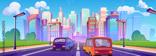Cars driving highway towards modern city. Vector cartoon illustration of morning traffic on urban road perspective, office and housing skyscraper buildings, blue sunny sky with white clouds, cityscape