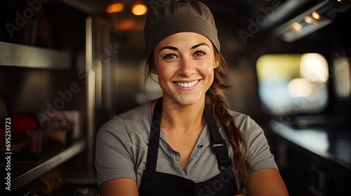 A confident and happy woman chef in a food truck , an experienced female chef at street food 