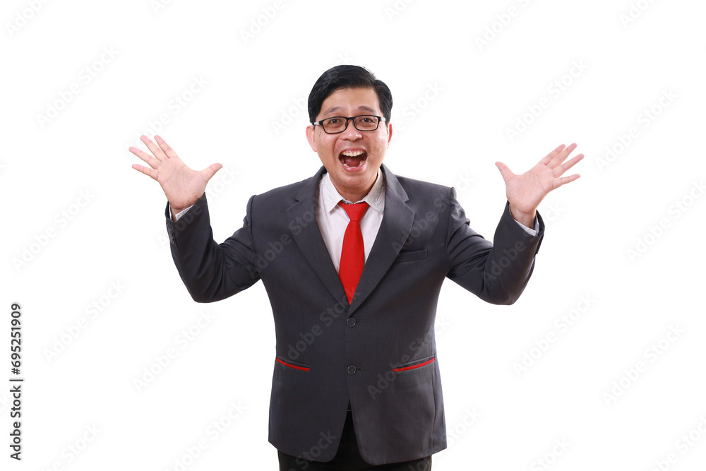Wow excited asian businessman standing while shouting and lifting hands. Isolated on white Wow excited asian businessman standing while shouting and lifting hands. Isolated on white