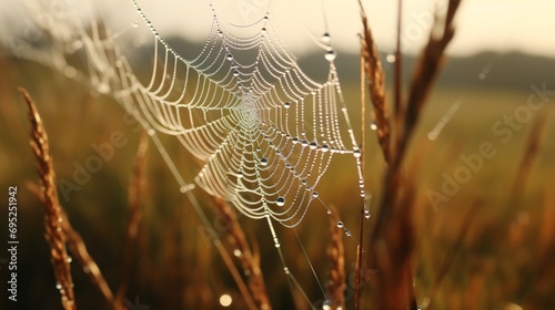 A close-up of dew-kissed spiderwebs in a dewy morning meadow, capturing the intricate artistry of nature's jewelry photo