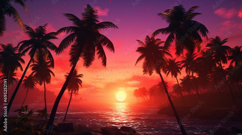 A cluster of perfectly aligned palm trees against a vibrant sunset, nature's own tropical statement of style A cluster of perfectly aligned palm trees against a vibrant sunset, nature's own tropical statement of style