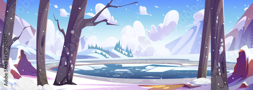 Cartoon winter snowy landscape with frozen lake in forest near mountains foot covered with snow. Vector illustration of natural cold scenery with icy water in pond, shore with tree and sky with cloud.