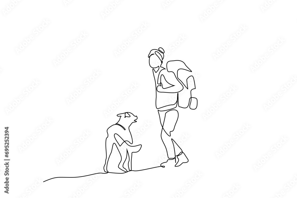 woman person dog friend backpack nature walking active life lifestyle one line art design woman person dog friend backpack nature walking active life lifestyle one line art design