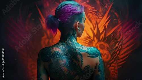 rear view of young woman with tattooed back. Created with generative AI.	
 photo