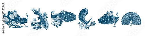 Japanese Oriental Pattern. Tropical Exotic Ornament Element. Bird with Beauty Plumage. Peacock, Phoenix, Firebird with Long Lush Feathered Tail. Asian Ornament.