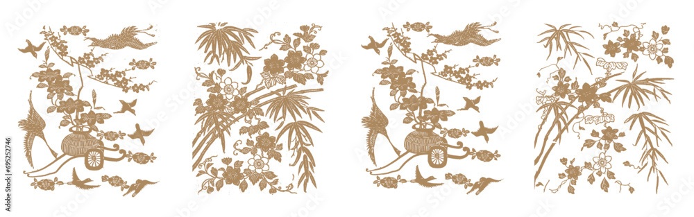 Japanese Oriental Pattern. Oriental Ornament Elements. Eastern Gold Decoration. Nature, Floral Details. - obrazy, fototapety, plakaty 