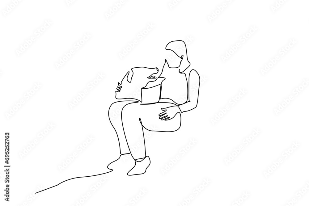 woman person dog friend backpack nature walking active life lifestyle one line art design woman person dog friend backpack nature walking active life lifestyle one line art design
