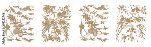 Japanese Oriental Pattern. Oriental Ornament Elements. Eastern Gold Decoration. Nature  Floral Details.