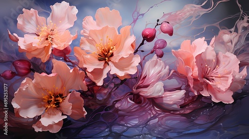 A burst of vibrant pinks and purples bloom on a liquid canvas, resembling the delicate beauty of oil mixing with water in a mesmerizing display