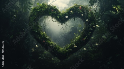 A dark forest green background with meandering vines and flowers forming a large heart shape