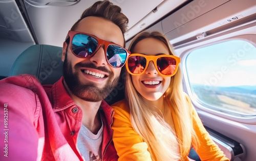 young couple in sunglasses and sitting in the plane