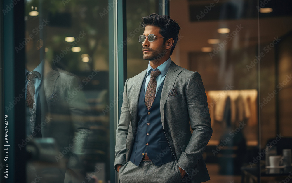 Obraz premium young and successful businessman smiling and standing near office window.