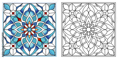 Arabic Geometric Tile Pattern Coloring Page in the Style of Stained Glass Flat Color Vector 1980s on a White Background
