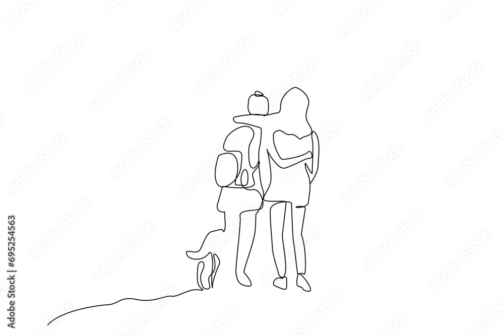 woman person dog friend backpack nature walking active life lifestyle one line art design woman person dog friend backpack nature walking active life lifestyle one line art design