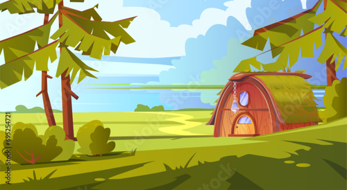 Tiny fairytale gnome magic house made of wood with grass covered roof, little door and window, and hanging lantern. Cartoon vector small fantastic elf or dwarf hut with on shore of lake in forest.