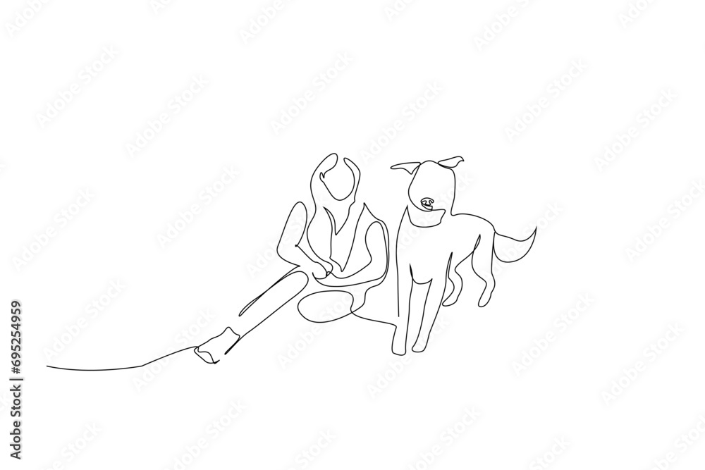 woman person dog friend backpack nature walking active life lifestyle one line art design woman person dog friend backpack nature walking active life lifestyle one line art design