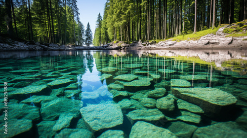 Beautiful unusual nature landscape lake  forest  fog