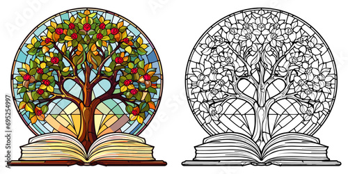 Beautiful Book and Tree Coloring Page in the Style of Stained Glass – Flat Color Vector on White Background