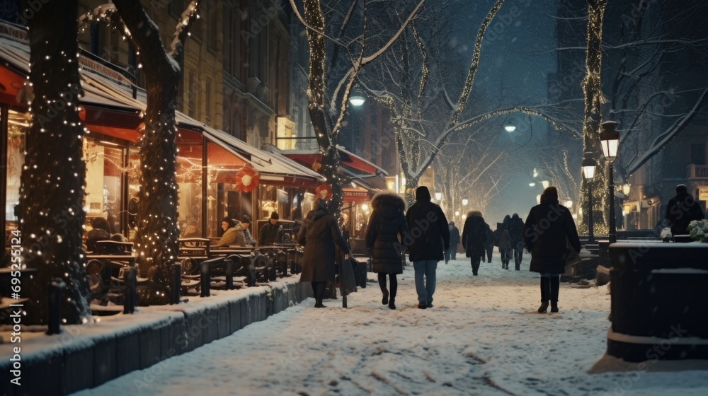 A group of people walking together on a street covered in snow. This image can be used to depict winter activities and the joy of walking in a snowy environment