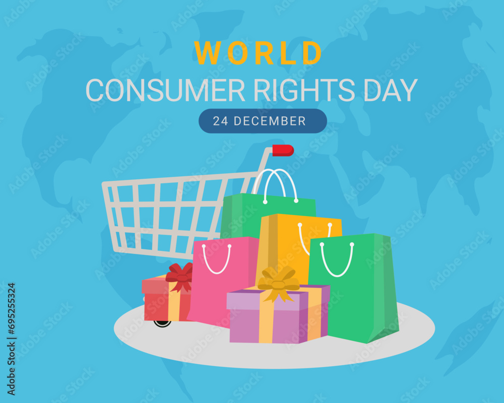 Vector world consumer right day with cart and colored shopping bag