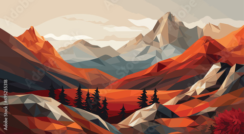 abstract nature scene featuring majestic mountains seamlessly merging with geometric abstract shapes, utilizing a flat color palette to ensure clarity and mountain