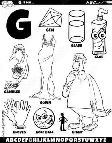 Letter G set with cartoon objects and characters coloring page