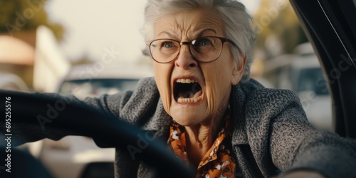 An intense image of an old woman wearing glasses yelling inside a car. Perfect for depicting frustration or road rage.