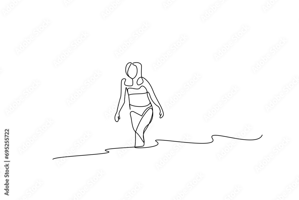 young woman friend sea pool getting into the water holiday line art design young woman friend sea pool getting into the water holiday line art design