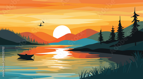 abstract nature scene featuring a serene lakeside view with abstract elements seamlessly integrated, using a flat color palette for clarity and focus. lakeside scene photo