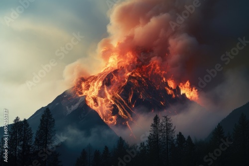 A large plume of smoke rises from a mountain. This image captures the natural phenomenon of smoke billowing into the sky. Suitable for various uses photo
